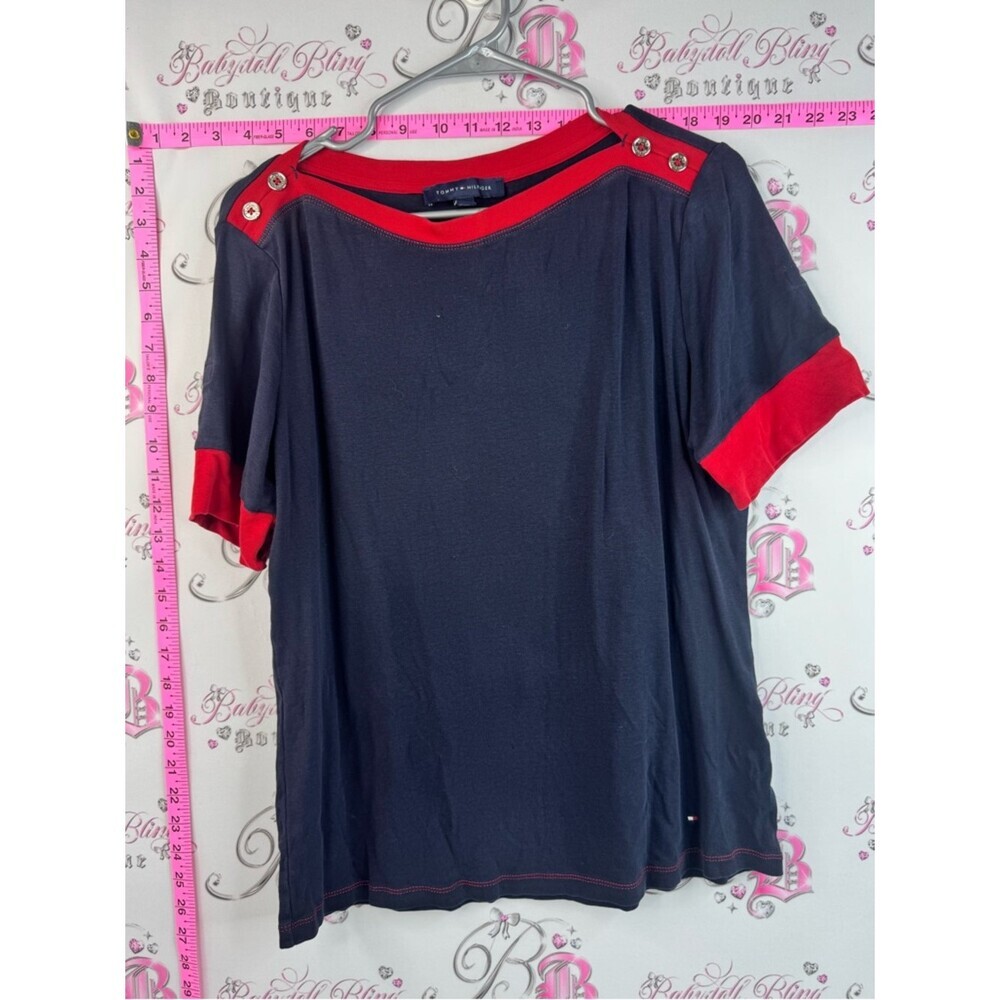 Tommy Hilfiger shirt tshirt tee Navy and Red Short Sleeve Button-Shoulder Top